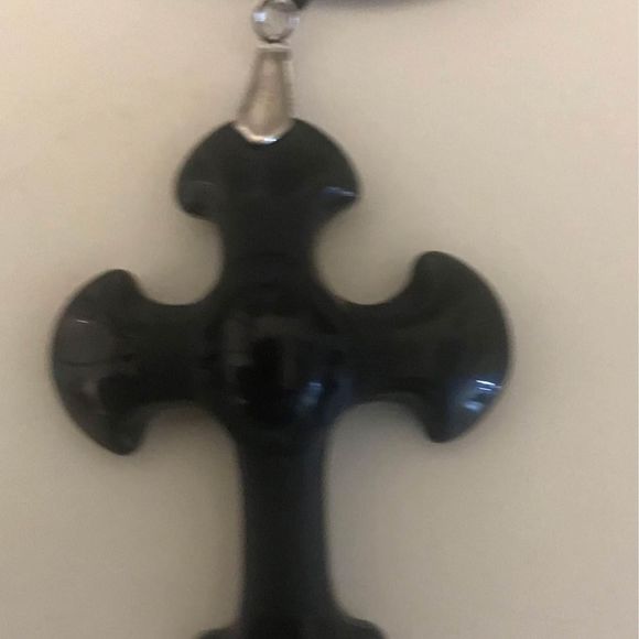 Black Obsidian gemstone cross pendant with wax cord necklace high quality - Picture 1 of 3